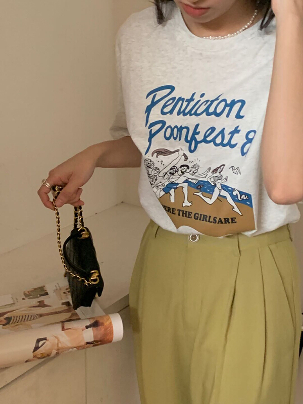 [Gabrielle] casual crew neck printed short sleeve T-shirt b2202# zxl