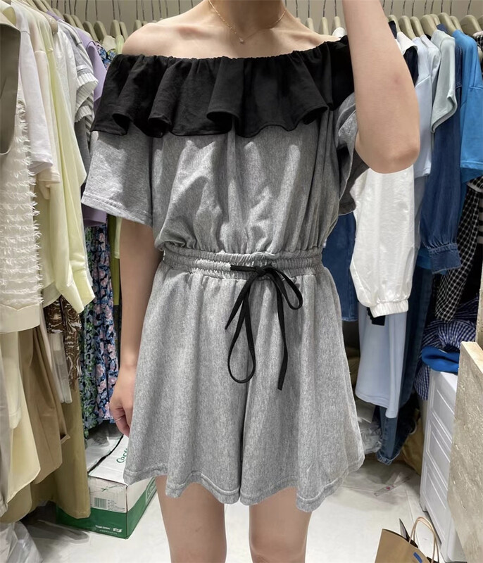 New in early summer! [dream fly] contrast ruffled one shoulder Jumpsuit 61179# XJ