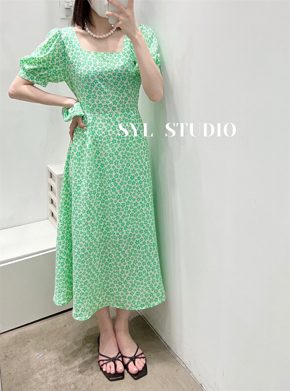 [SYL] square neck floral lady dress (with hair circle) 5187# L