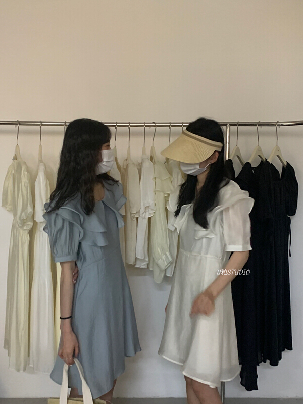Original price 77.83! [U grain] sweet double-layer lotus leaf collar waist closing short dress 5538# HBx