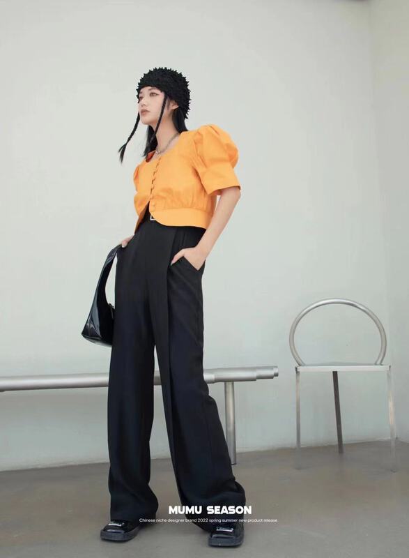 [Mumu season] high waist straight tube checked casual pants (with belt) 9133# zxl