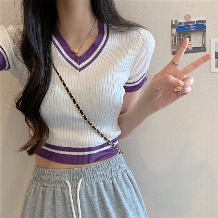New in early summer! [f · P] Vintage V-neck color blocking T-shirt 28056# HBx