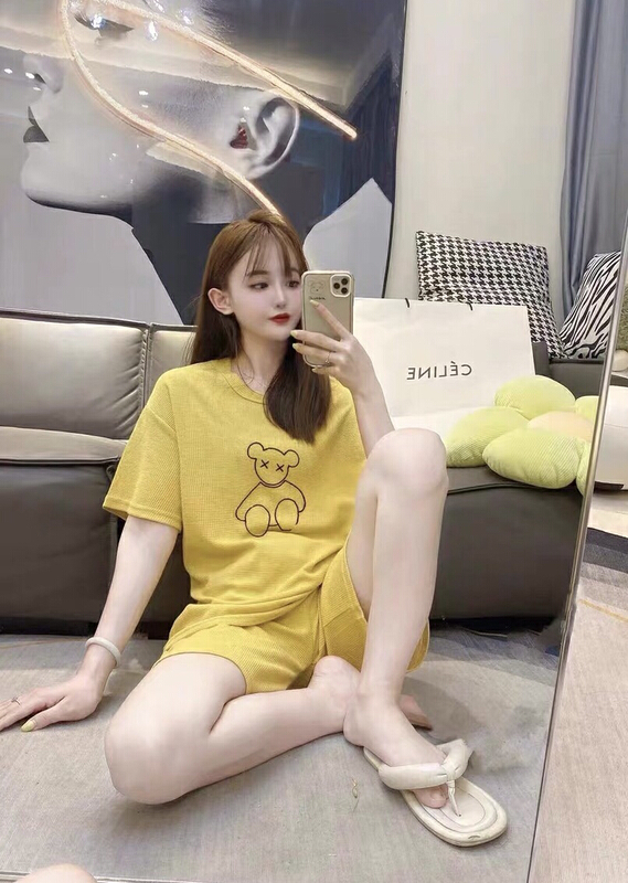 [Ziyi family] round neck bear print short sleeve + elastic waist simple net color casual Shorts Set ys2-907# WTT