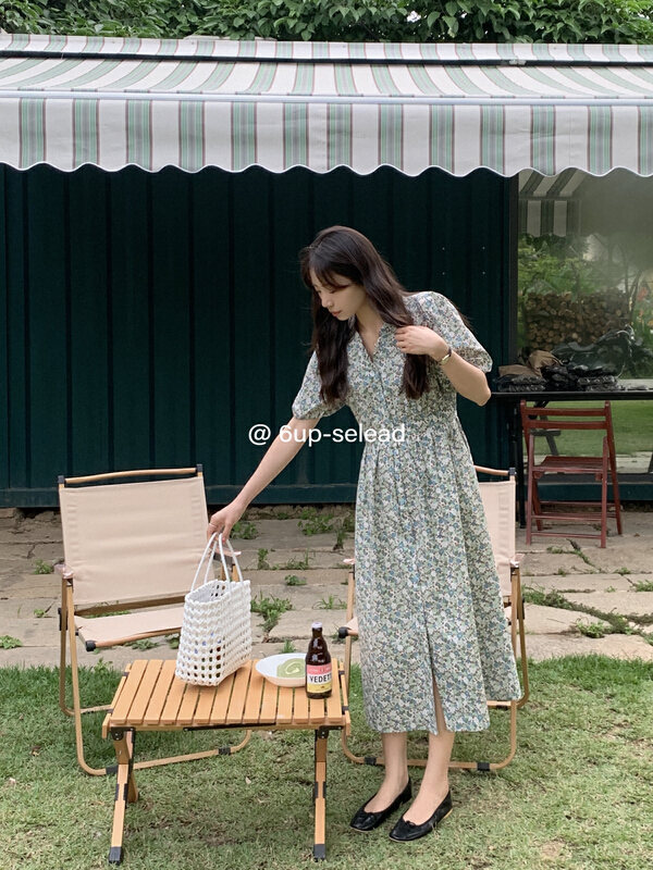 [6-up] fashion floral medium length dress (with waist rope) 68273# XJ