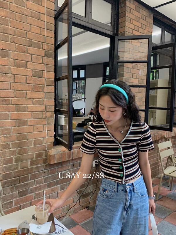 goods in stock! New in early summer! [u say] aging retro versatile stripe short sleeve T-shirt 65705# LSL