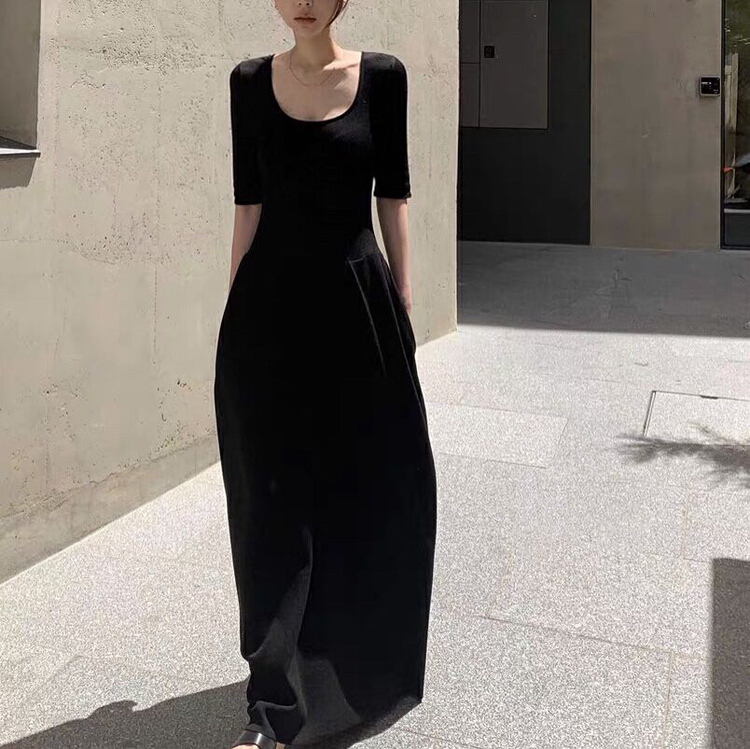 [wgwe] Hepburn style U-neck waist closing temperament senior dress (without silk scarf) 1618# PCZ