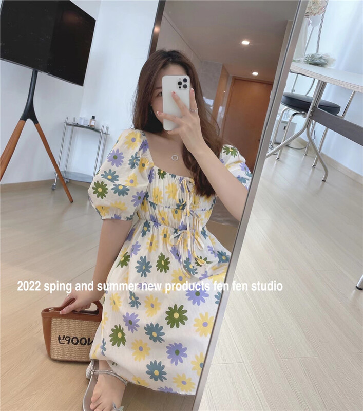 [fne fne] square neck slim flower small fresh dress 1835# WPL