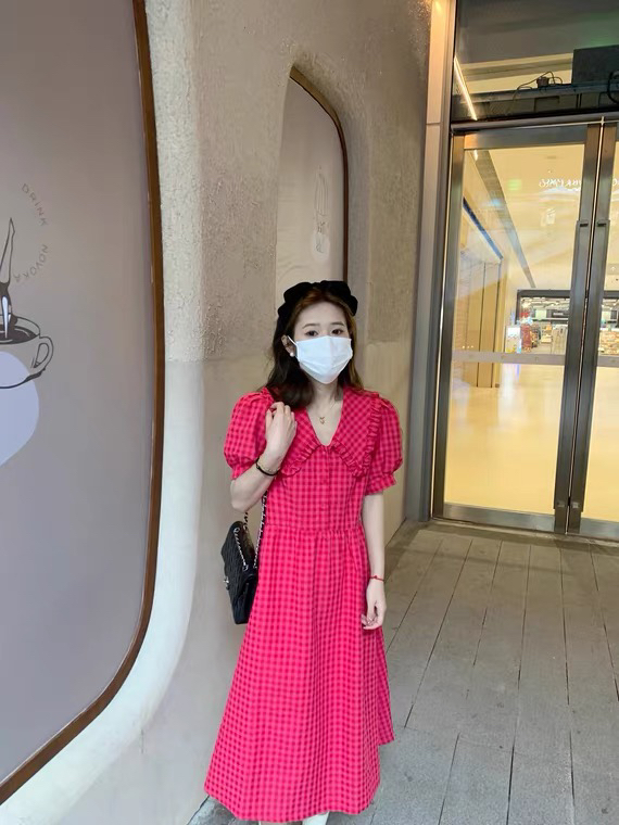 New in early summer! [L.L studio] doll neck Bubble Sleeve Plaid long dress 7447# PCZ