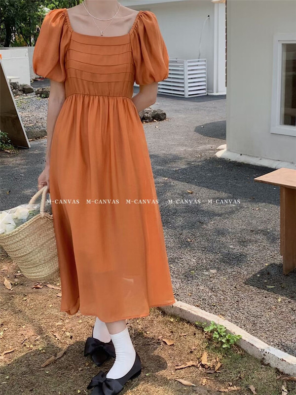 [m-canvas] Korean style bubble sleeve net color dress t8221# lwy