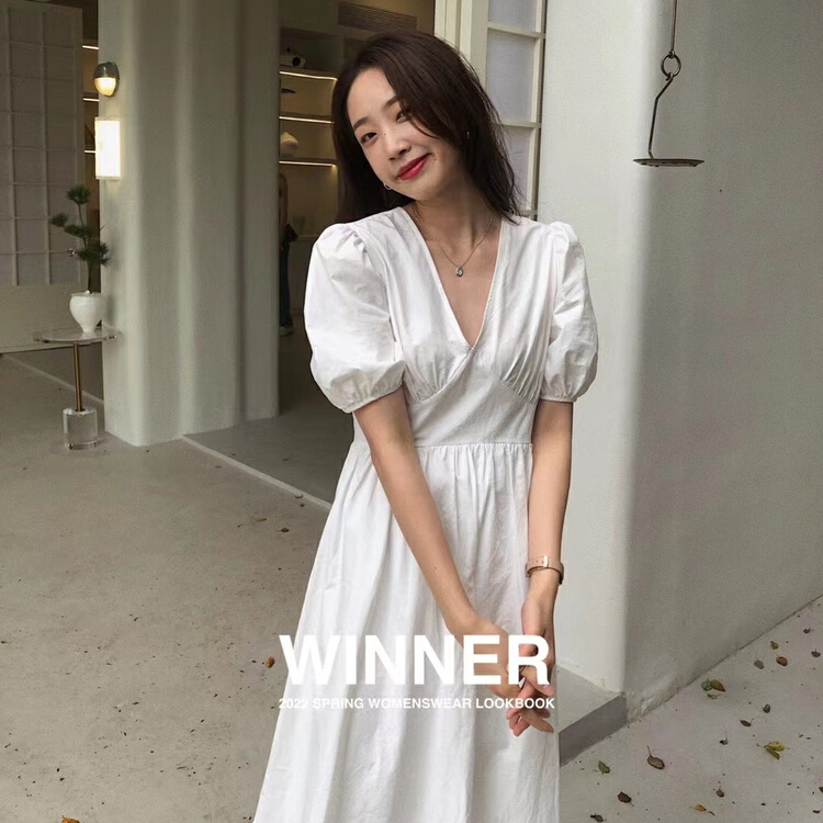 【WINNER】V領顯瘦淑女泡泡袖連衣裙  8093#  LL
