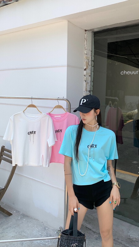 [our] Korean fashion versatile simple three-dimensional embroidery pin short sleeve T-shirt 9789# LSW