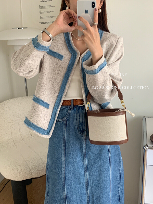 早秋上新!【ON LINE】牛仔拼接優雅名媛小香風短外套  36831#  LWY