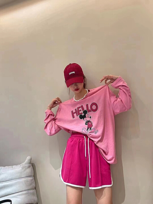 [Julia] Mickey alphabet printed long sleeve + high waist loose casual Shorts Set ys1-939# HBx