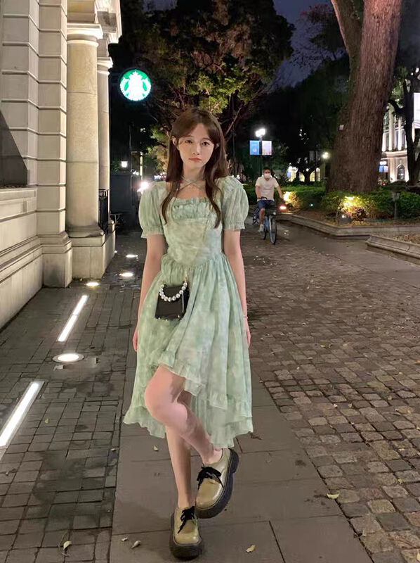 [L.L studio] French square neck irregular dress 7508# PCZ with short front and long back