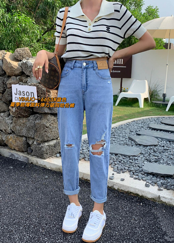 [Yinuo Yinuo denim] versatile distressed cropped jeans 6653\zjy