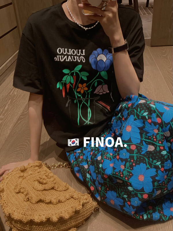 New in early summer! [finoa] Korean casual cartoon printed simple short sleeve T-shirt 10398# CLS