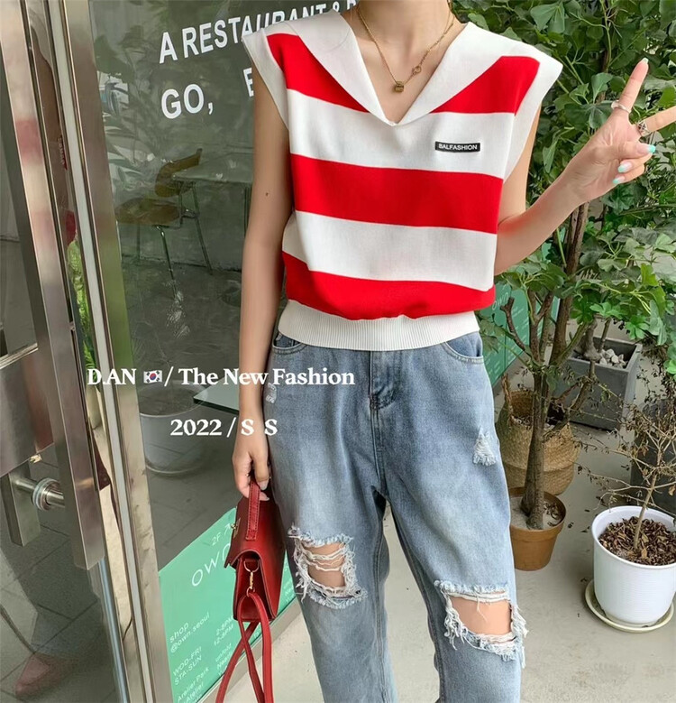 [d.an] Korean Navy collar striped vest / sling 8898# zxx