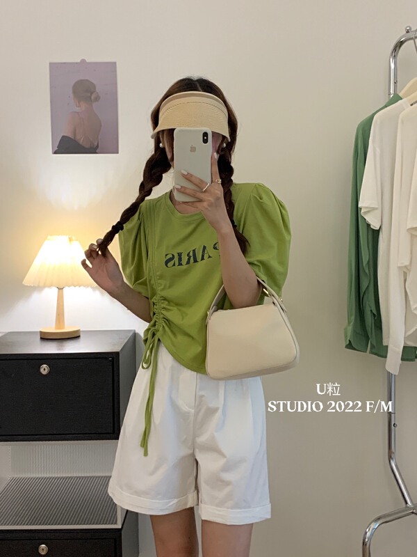 New in early summer! [U grain] Korean alphabet printed round neck Pullover drawstring short sleeve T-shirt 5337# HBx