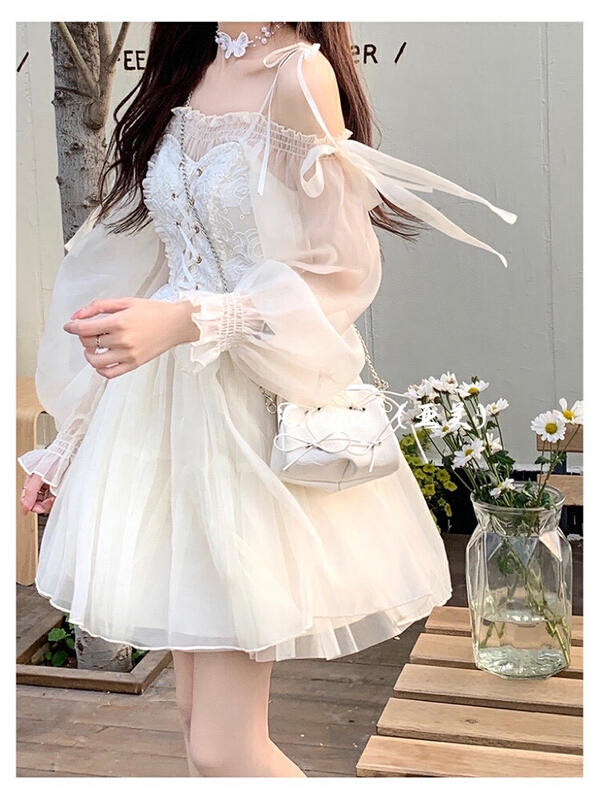 [c.vogue] French gentle one shoulder lace up stitched dress 29380# PCZ