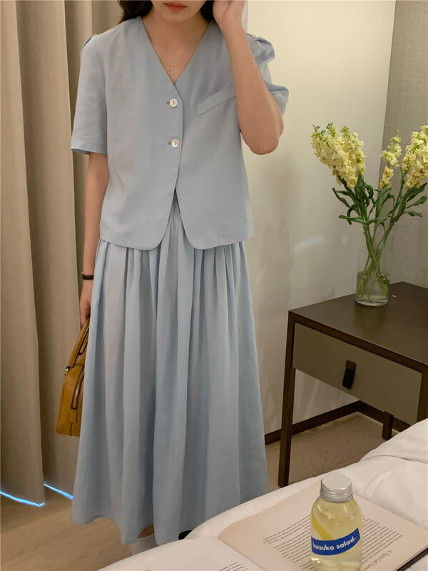 [feeding] Korean solid color V-neck shirt + slim skirt two piece suit 7827-h7# cqw