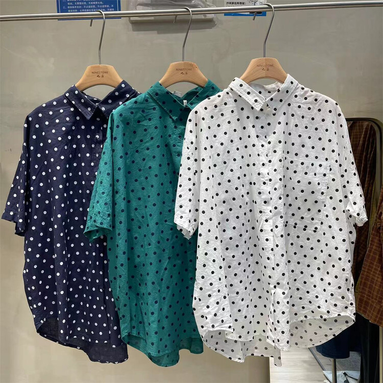 [fabric] commuter style simple wave dot printed short sleeve shirt 592069# L