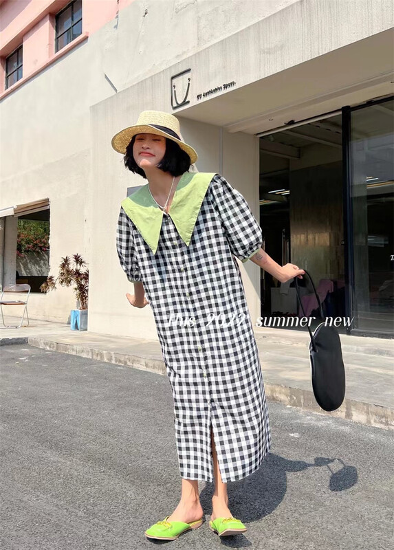 [this] Korean checkered slim doll neck dress vg45# CSX