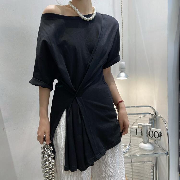 [Zada] diagonal shoulder buckle design Short Sleeve T-shirt 3270# WTT
