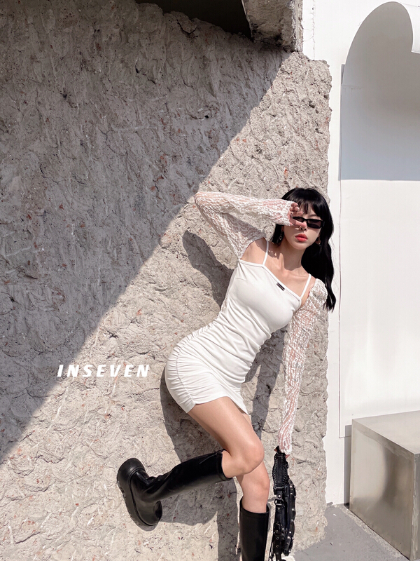 New year in early spring! [inseven] pure sexy girl tight pleated waist lace sleeve dress 26205# ozq