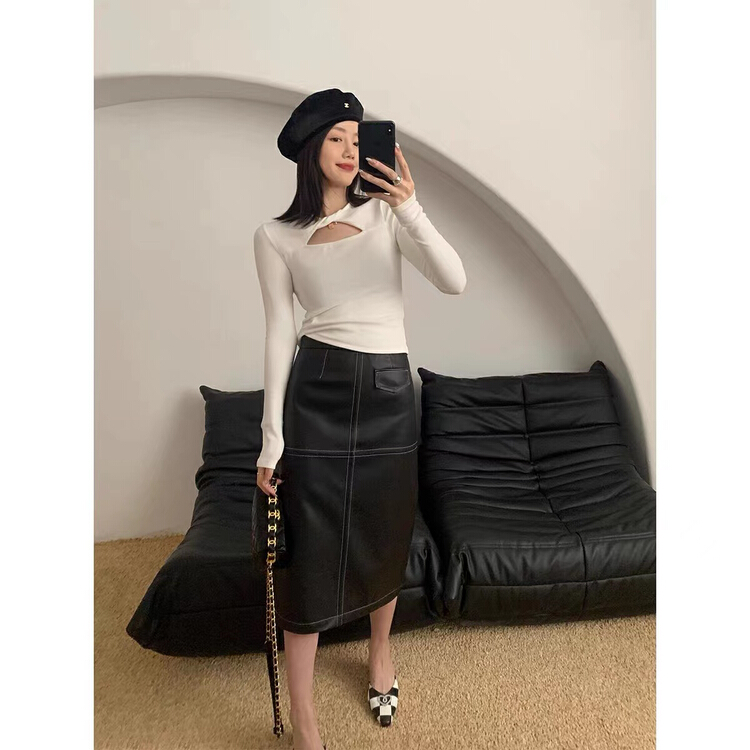 [Xiaofan family] sexy scheming neckline knot hollowed out design long sleeve T-shirt 6100# LSW