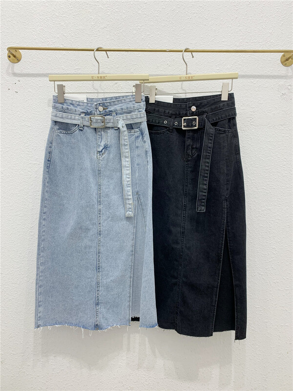 [u.she] Korean style slit design slim denim skirt (with belt) 19717# cqw
