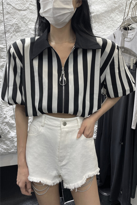 [nesha SDD] striped zipper short sleeve shirt 8203# WTT