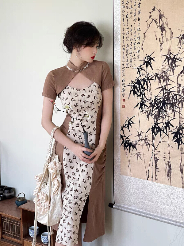 New in early summer! [smile baby] National Style Floral slim cut split Sling Dress + cheongsam shawl set b2662# WPL