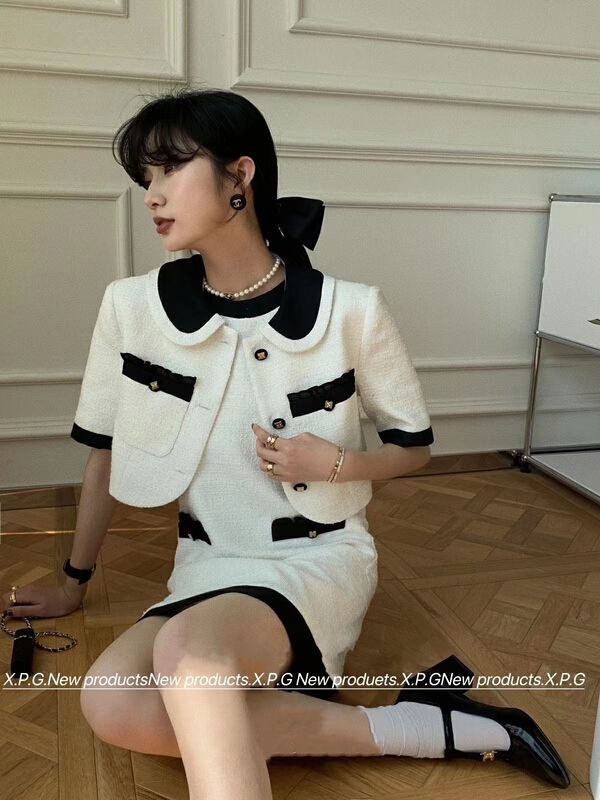 [x.p.g] Korean fashion small fragrance short coat + slim dress two-piece suit 20826# hjy