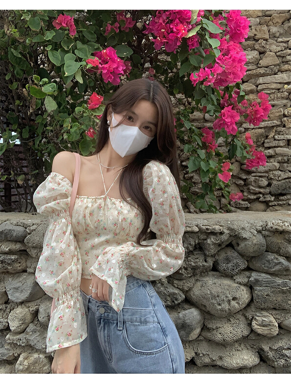 [L.L studio] Korean broken flower one line collar short shirt 7338# PCZ