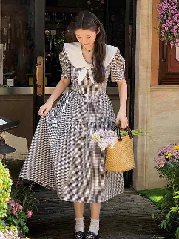 [RM. HH] fairy tale town college style retro French Plaid Dress 316# ozq