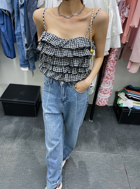 New in early summer! [angelyue] Korean Plaid suspender shirt c066# LSL
