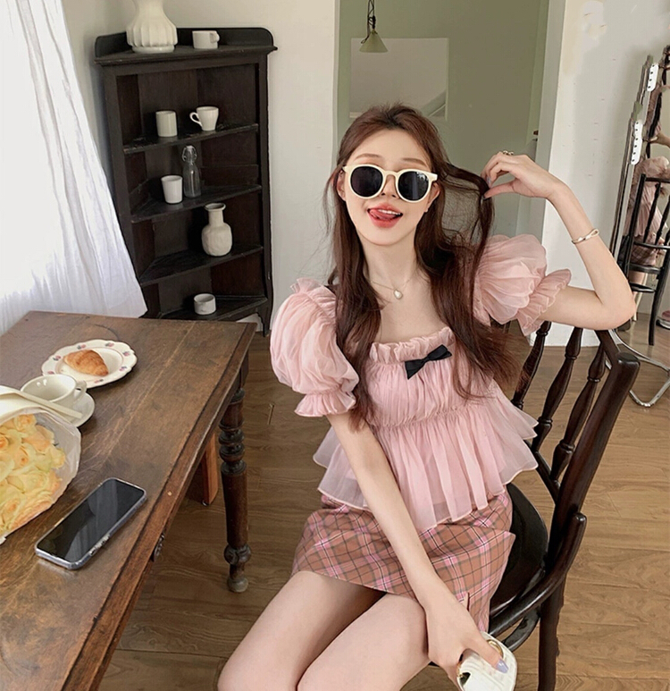 [CTH] Japanese sweet pure desire bow with one shoulder bubble blouse (only small blouses) 1152# cqw
