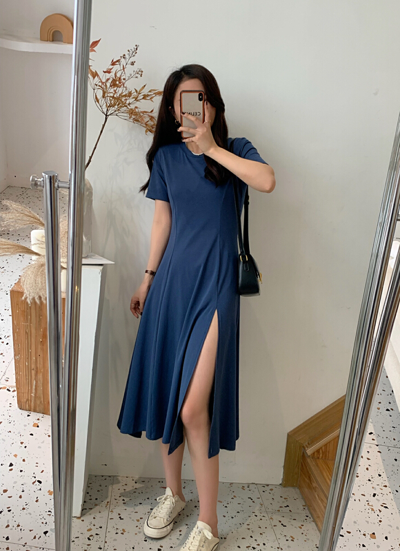 New in early summer! [victory. 2] round neck simple slit dress b804# WPL