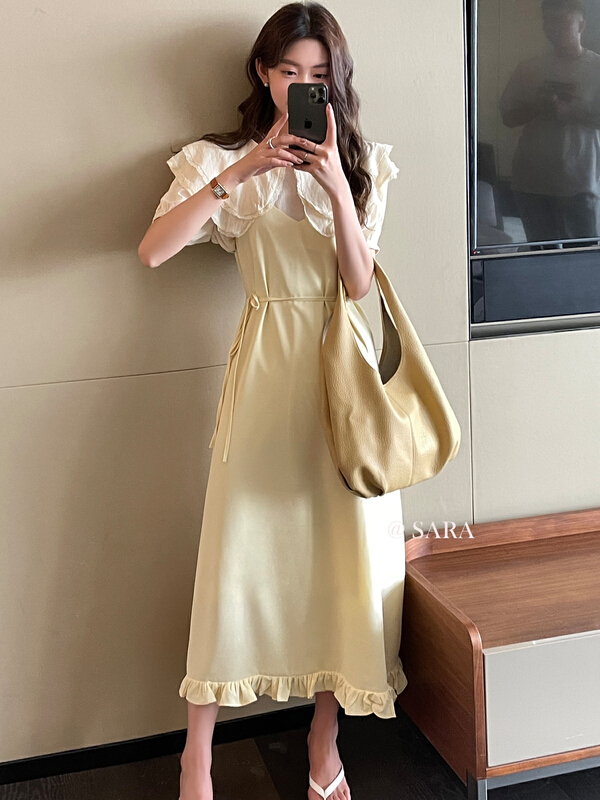 [Sara] sweet and gentle temperament double-layer Lapel shirt + agaric LACE SLING set (with waist rope) 90001# lwy