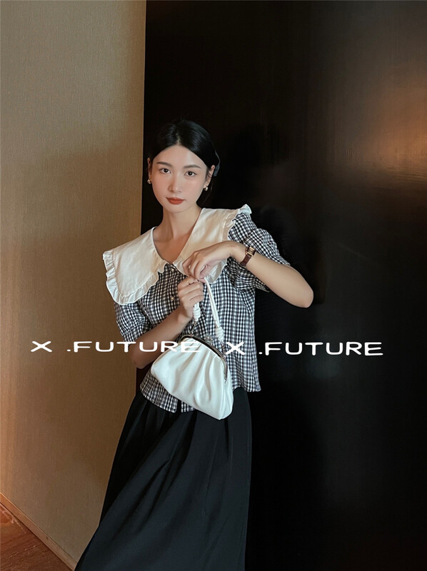 [x.future] large lapel Plaid age reducing short shirt j8072# zxx