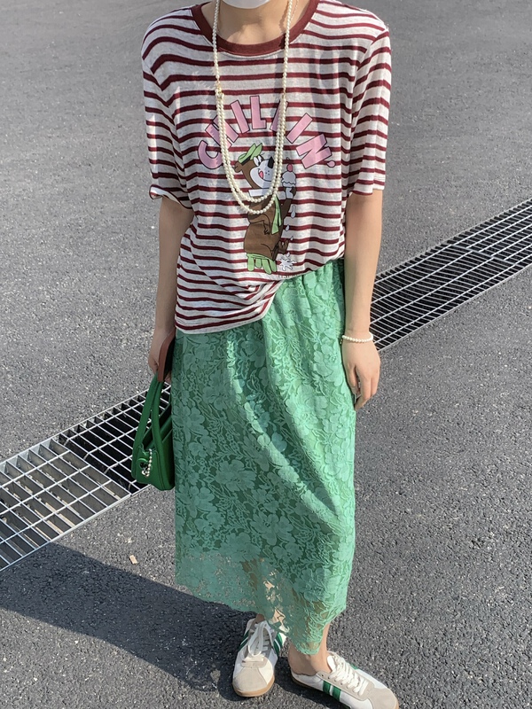[meet + studio] loose stripe print contrast short sleeve T-shirt 52383# LSL