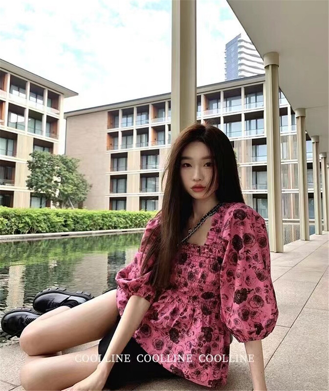 [six] Korean fashion Rose Print Blouse 06259# PCZ
