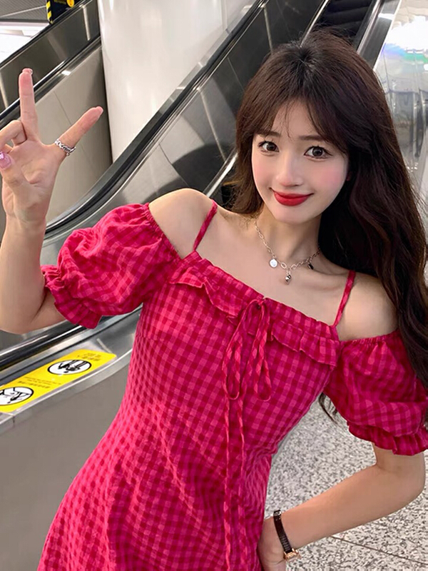 [L.L studio] off shoulder collar lace up waist dress 7632# PCZ