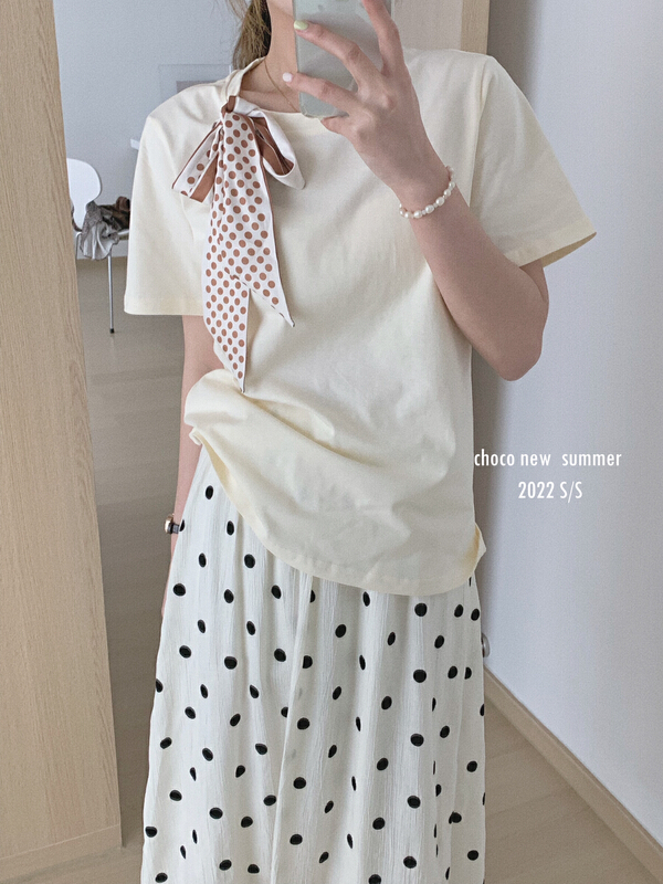 [choco] sweet wave point silk scarf short sleeve T-shirt (with silk scarf) 8180# HBx