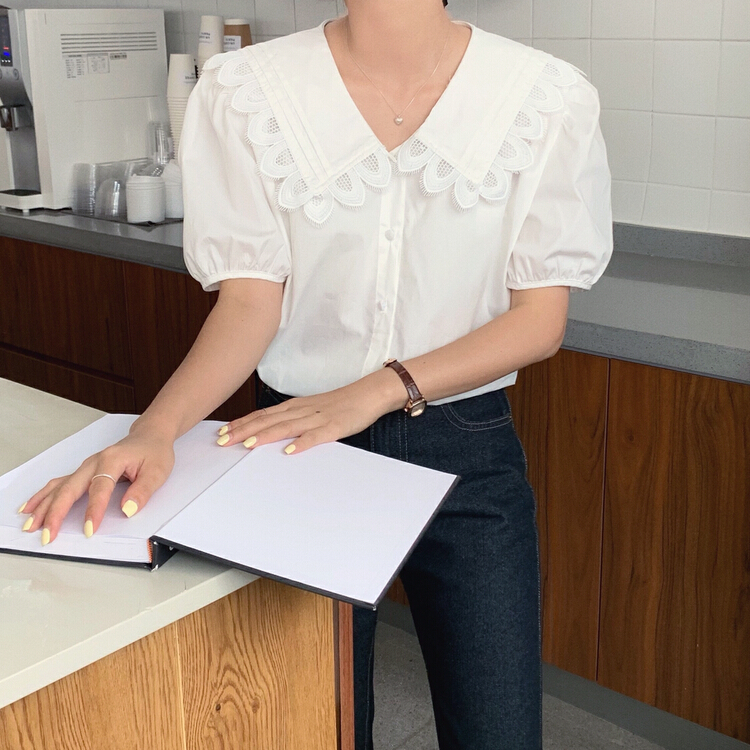 [cocoa] Lapel stitching lace fashion shirt 2519# L