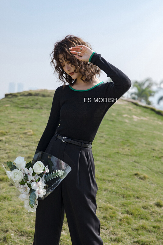 goods in stock! New year in early spring! [es modish] contrast collar design slim fit Pullover Sweater bl1605# XYJ