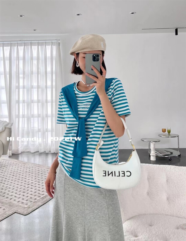 [hi candy] stripe fake two piece Pullover short sleeve T-shirt 3307# lwy