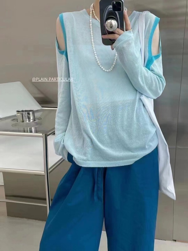 [VI. Liu Liu] off shoulder color blocking niche sunscreen shirt 60125# zxx
