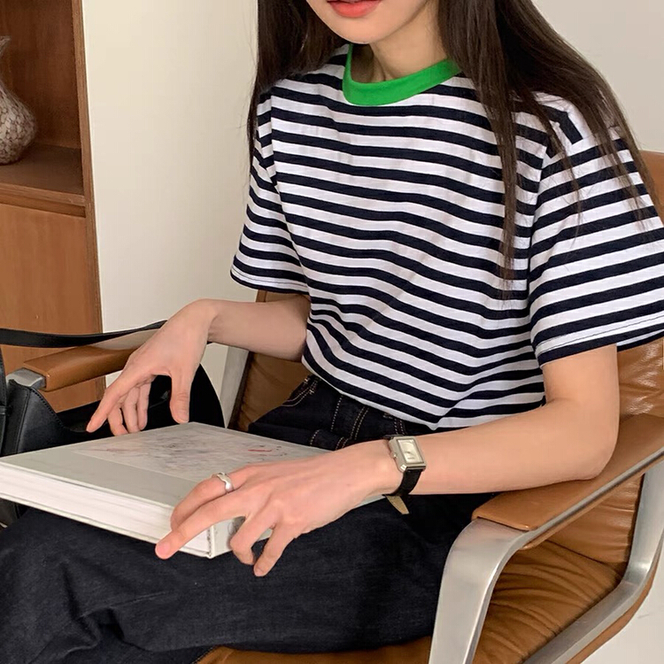 [Simida / doroe] Korean contrast stripe short sleeve T-shirt 10882# zxl