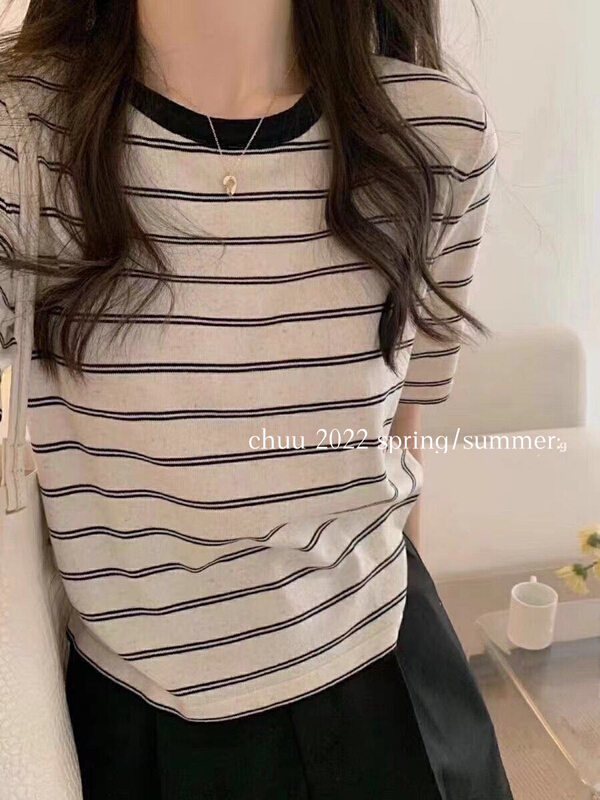 [chuu] Korean stripe short sleeve T-shirt 1052a# HBx